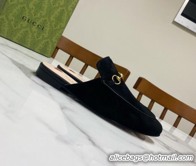 Feminine Gucci Princetown Suede Flat Slippers Black 2025 557730