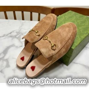 Good Quality Gucci Princetown Suede Flat Slippers Light Brown 2025 557730