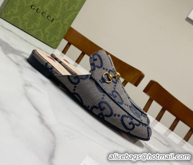 Cheap Price Gucci Princetown Jumbo GG Canvas Flat Slippers Grey/Blue 2025 557730 