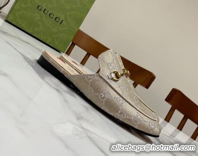 Big Discount Gucci Princetown GG Embroidered Canvas Flat Slippers Light Gold 2025 557730