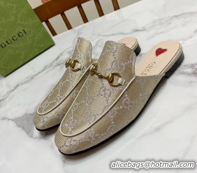 Big Discount Gucci Princetown GG Embroidered Canvas Flat Slippers Light Gold 2025 557730