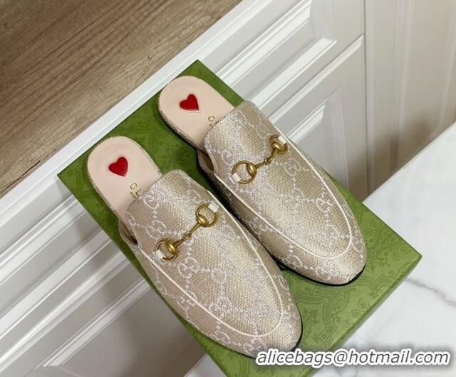 Big Discount Gucci Princetown GG Embroidered Canvas Flat Slippers Light Gold 2025 557730