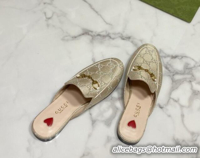 Big Discount Gucci Princetown GG Embroidered Canvas Flat Slippers Light Gold 2025 557730