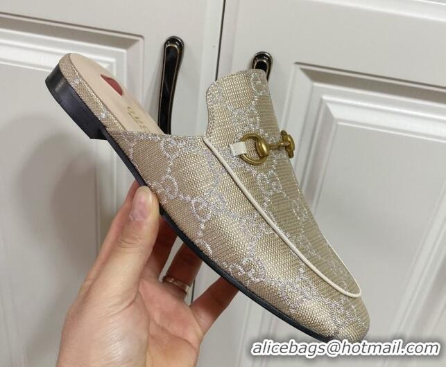 Big Discount Gucci Princetown GG Embroidered Canvas Flat Slippers Light Gold 2025 557730