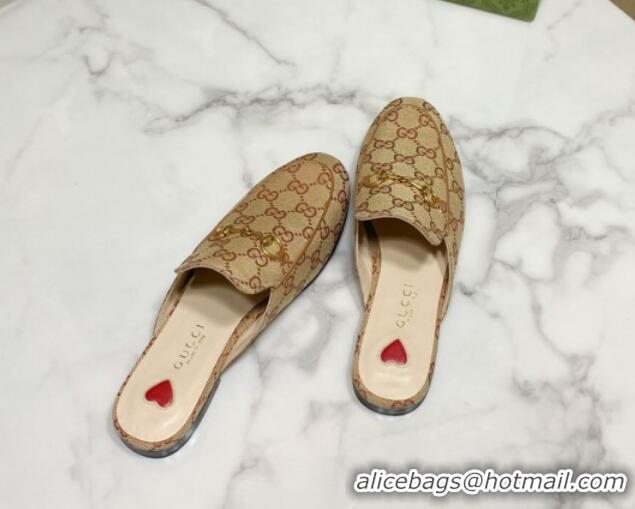 Best Price Gucci Princetown GG Embroidered Canvas Flat Slippers Camel 2025 557730