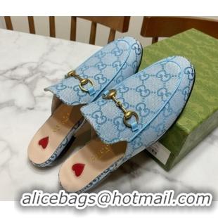 Classic Hot Gucci Princetown GG Embroidered Canvas Flat Slippers Light Blue 2025 557730
