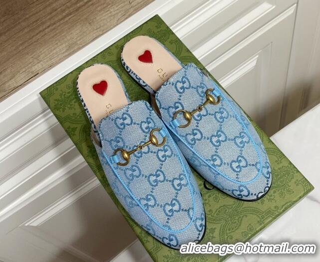 Classic Hot Gucci Princetown GG Embroidered Canvas Flat Slippers Light Blue 2025 557730