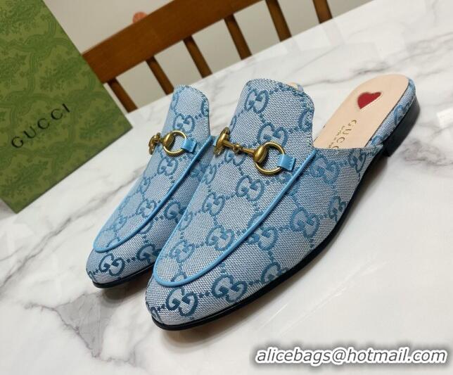 Classic Hot Gucci Princetown GG Embroidered Canvas Flat Slippers Light Blue 2025 557730