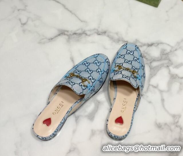 Classic Hot Gucci Princetown GG Embroidered Canvas Flat Slippers Light Blue 2025 557730