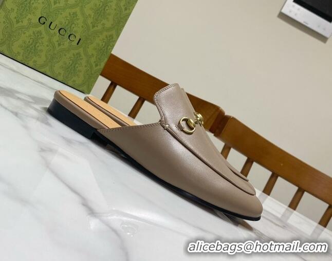 Stylish Gucci Princetown Calf Leather Flat Slippers Grey 2025 557730