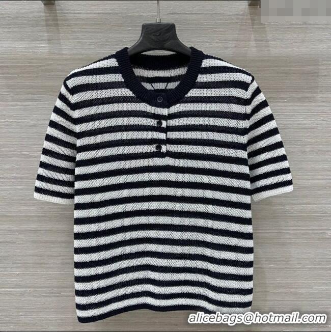 ​Grade Quality Prada Striped T-Shirt 0410 Navy Blue/White 2025