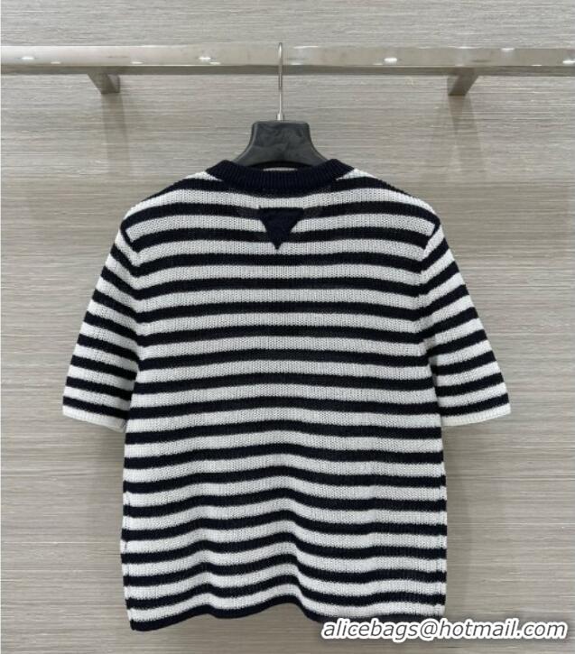 ​Grade Quality Prada Striped T-Shirt 0410 Navy Blue/White 2025