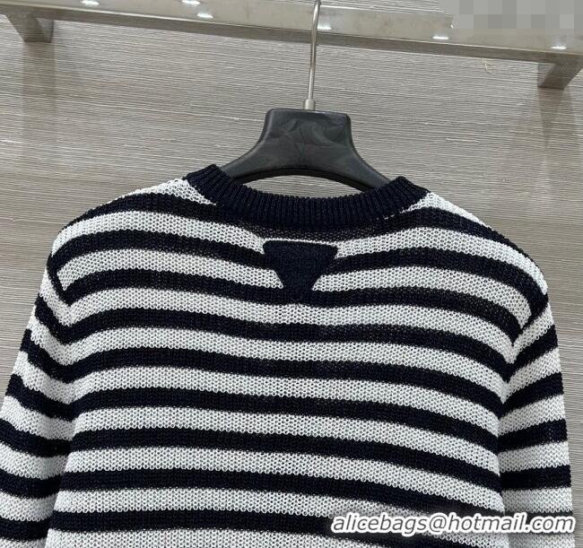 ​Grade Quality Prada Striped T-Shirt 0410 Navy Blue/White 2025