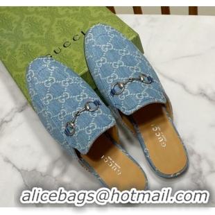 Good Quality Gucci Princetown GG Denim Flat Slippers Light Blue 2025 557730