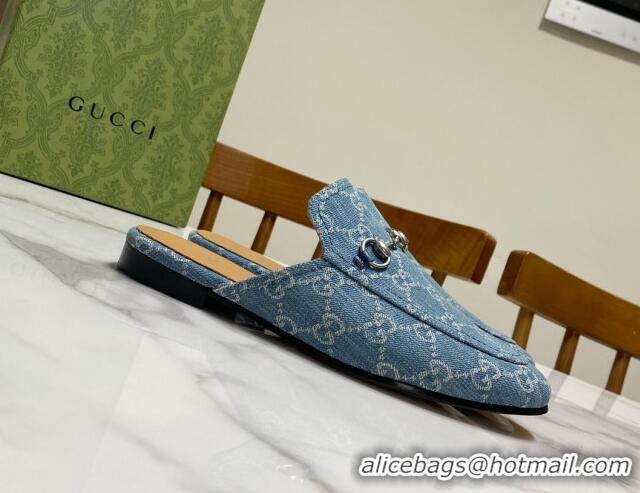 Good Quality Gucci Princetown GG Denim Flat Slippers Light Blue 2025 557730
