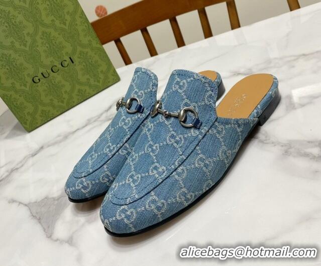 Good Quality Gucci Princetown GG Denim Flat Slippers Light Blue 2025 557730