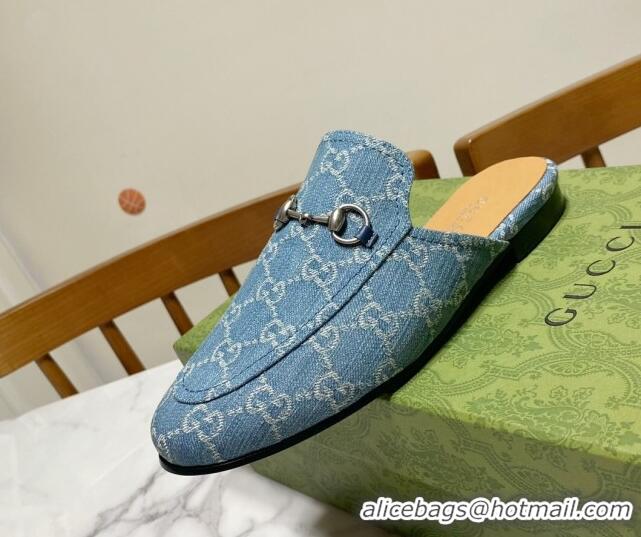 Good Quality Gucci Princetown GG Denim Flat Slippers Light Blue 2025 557730