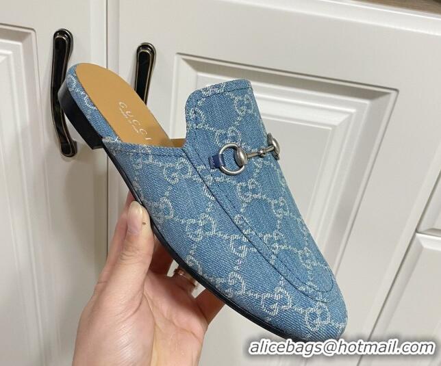 Good Quality Gucci Princetown GG Denim Flat Slippers Light Blue 2025 557730