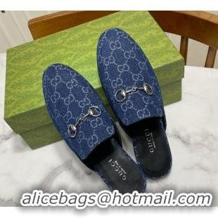 Luxury Gucci Princetown GG Denim Flat Slippers Navy Blue 2025 557730