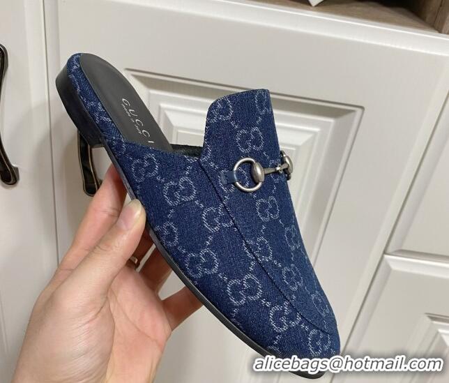 Luxury Gucci Princetown GG Denim Flat Slippers Navy Blue 2025 557730