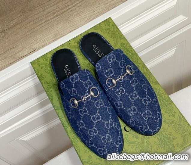 Luxury Gucci Princetown GG Denim Flat Slippers Navy Blue 2025 557730