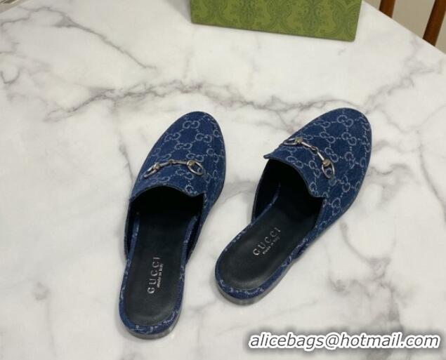 Luxury Gucci Princetown GG Denim Flat Slippers Navy Blue 2025 557730