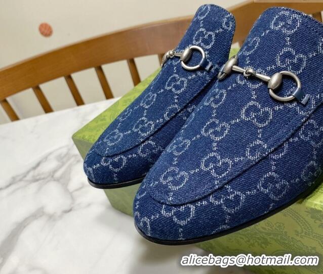 Luxury Gucci Princetown GG Denim Flat Slippers Navy Blue 2025 557730