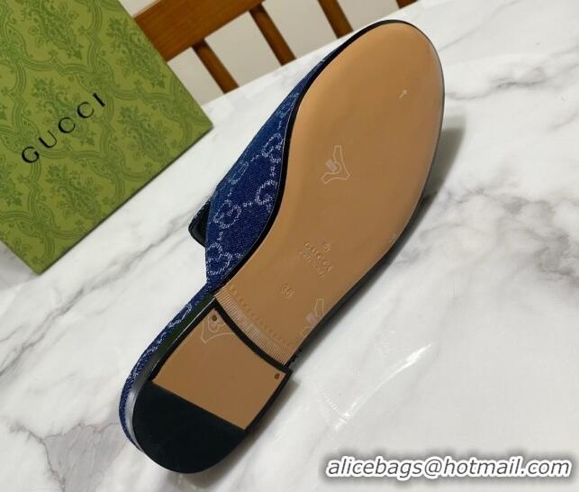 Luxury Gucci Princetown GG Denim Flat Slippers Navy Blue 2025 557730