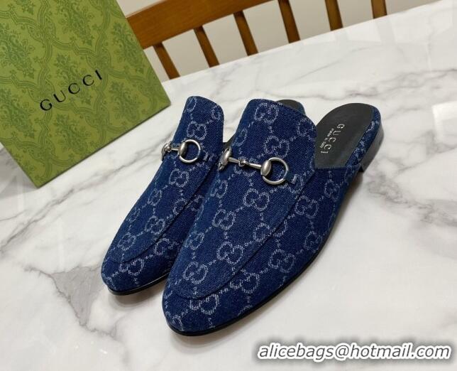 Luxury Gucci Princetown GG Denim Flat Slippers Navy Blue 2025 557730