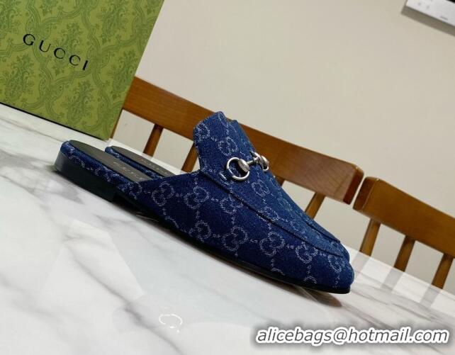 Luxury Gucci Princetown GG Denim Flat Slippers Navy Blue 2025 557730