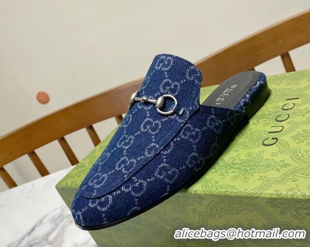 Luxury Gucci Princetown GG Denim Flat Slippers Navy Blue 2025 557730