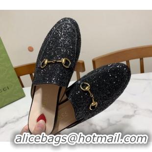 Stylish Gucci Princetown Glitters Flat Slippers Black 2025 557730