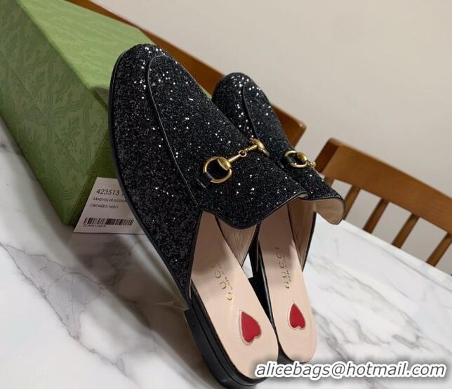Stylish Gucci Princetown Glitters Flat Slippers Black 2025 557730