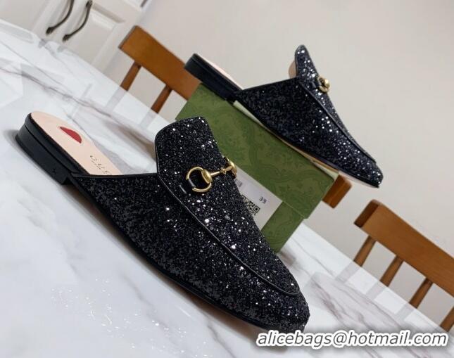 Stylish Gucci Princetown Glitters Flat Slippers Black 2025 557730