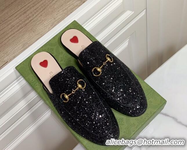 Stylish Gucci Princetown Glitters Flat Slippers Black 2025 557730