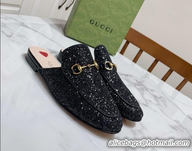 Stylish Gucci Princetown Glitters Flat Slippers Black 2025 557730