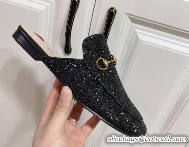 Stylish Gucci Princetown Glitters Flat Slippers Black 2025 557730