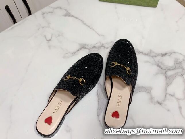 Stylish Gucci Princetown Glitters Flat Slippers Black 2025 557730