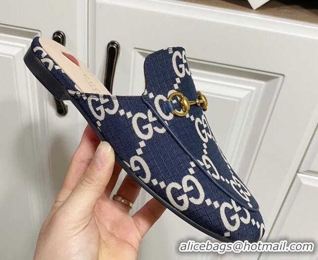 Expensive Gucci Princetown GG Check Fabric Flat Slippers Navy Blue 2025 557730