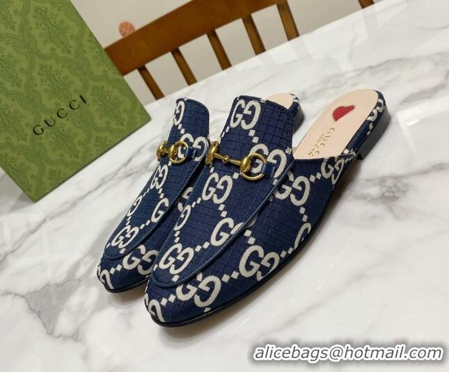 Expensive Gucci Princetown GG Check Fabric Flat Slippers Navy Blue 2025 557730