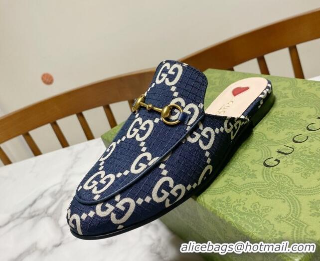 Expensive Gucci Princetown GG Check Fabric Flat Slippers Navy Blue 2025 557730