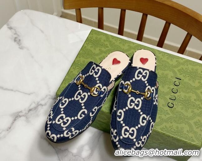 Expensive Gucci Princetown GG Check Fabric Flat Slippers Navy Blue 2025 557730