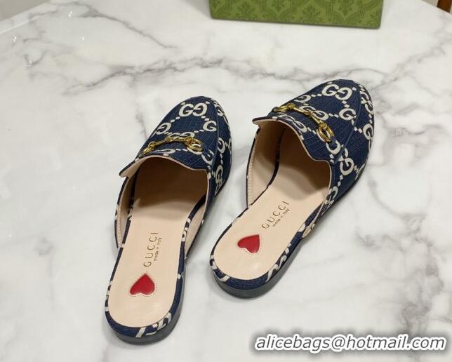 Expensive Gucci Princetown GG Check Fabric Flat Slippers Navy Blue 2025 557730