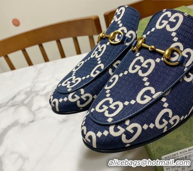 Expensive Gucci Princetown GG Check Fabric Flat Slippers Navy Blue 2025 557730