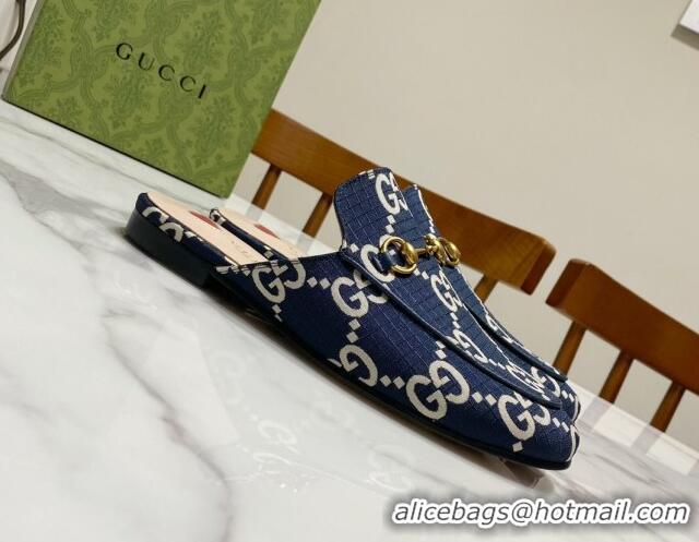 Expensive Gucci Princetown GG Check Fabric Flat Slippers Navy Blue 2025 557730