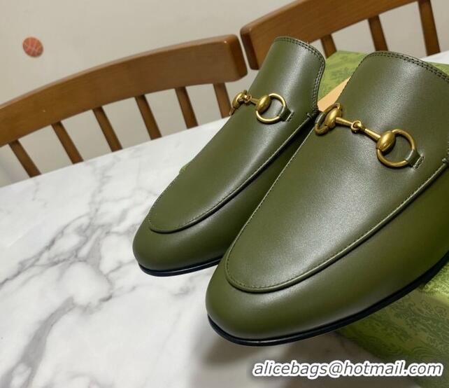 Cheap Gucci Princetown Calf Leather Flat Slippers Green 2025 557730
