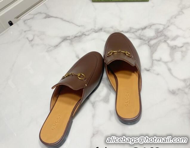 Duplicate Gucci Princetown Calf Leather Flat Slippers Coffee Brown 2025 557730