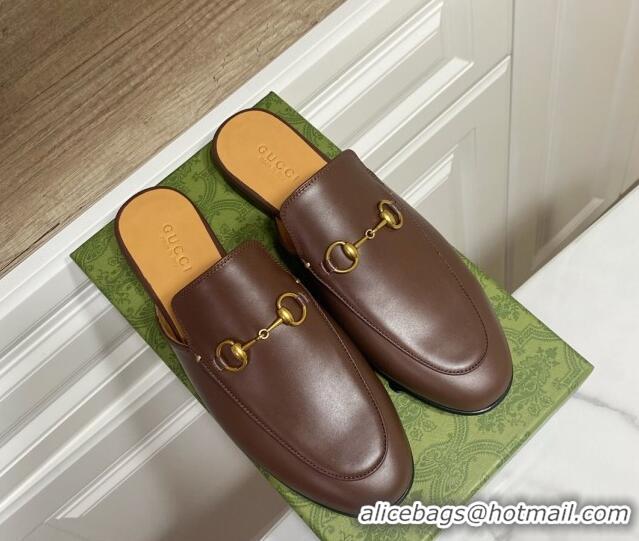 Duplicate Gucci Princetown Calf Leather Flat Slippers Coffee Brown 2025 557730
