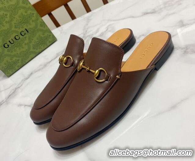 Duplicate Gucci Princetown Calf Leather Flat Slippers Coffee Brown 2025 557730
