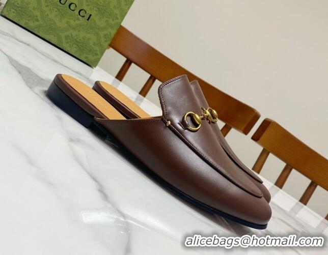 Duplicate Gucci Princetown Calf Leather Flat Slippers Coffee Brown 2025 557730